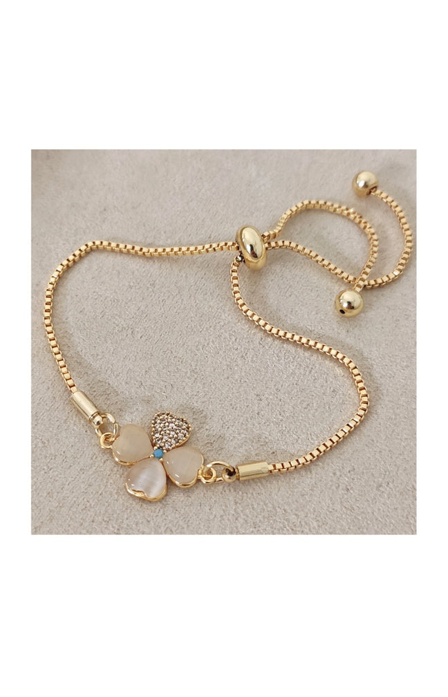 Bracelet chaîne & trèfle - Laiton plaqué or & nacre blanche