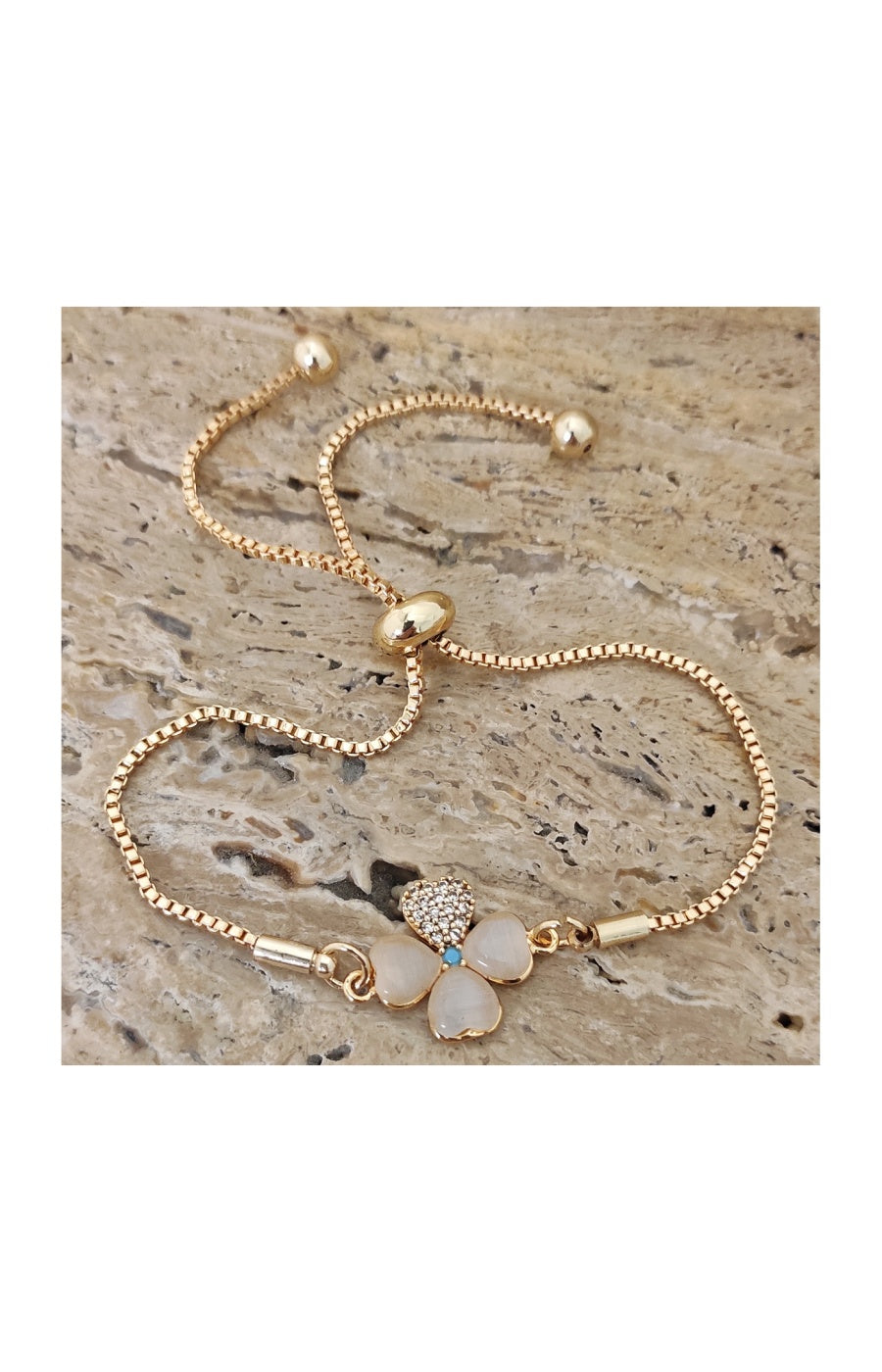 Bracelet chaîne & trèfle - Laiton plaqué or & nacre blanche