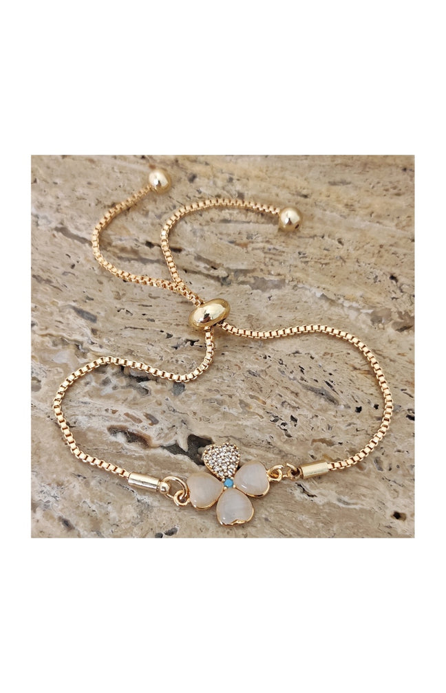 Bracelet chaîne & trèfle - Laiton plaqué or & nacre blanche