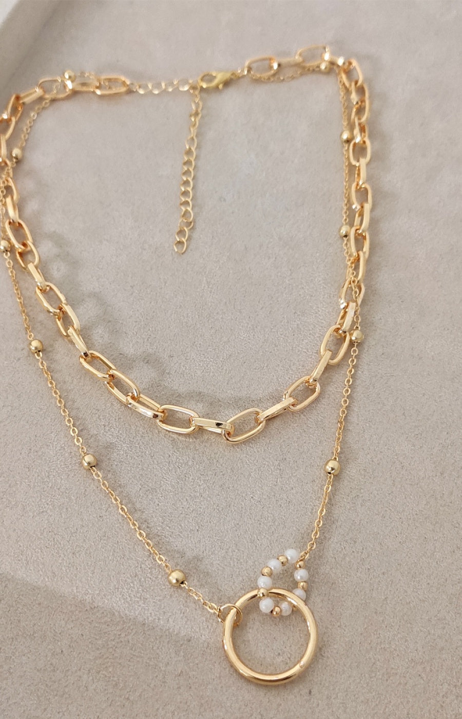 Collier à deux chaînes - Laiton plaqué or & perles