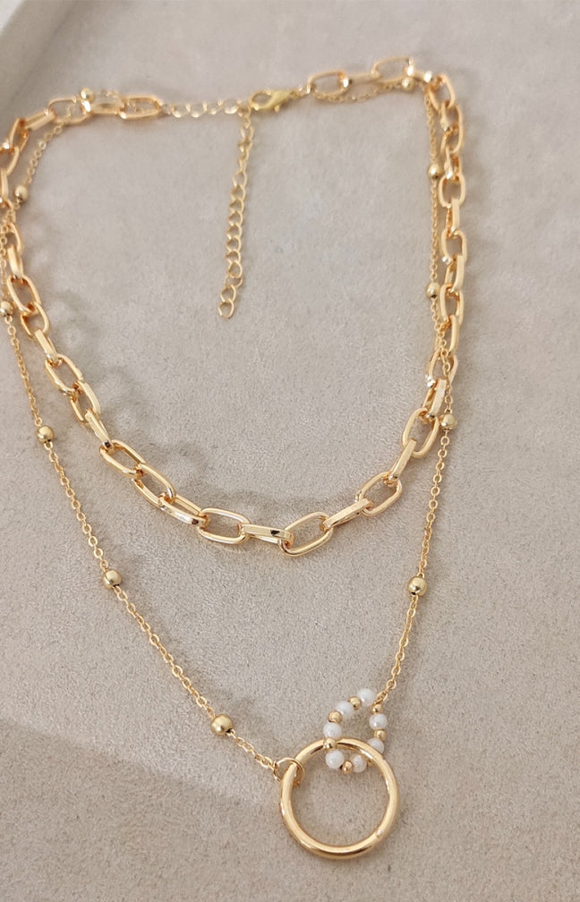 Collier à deux chaînes - Laiton plaqué or & perles