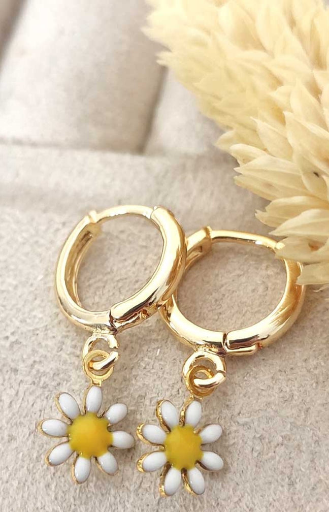 Boucles d'oreilles fleur - Laiton plaqué or & cristal - Blanc