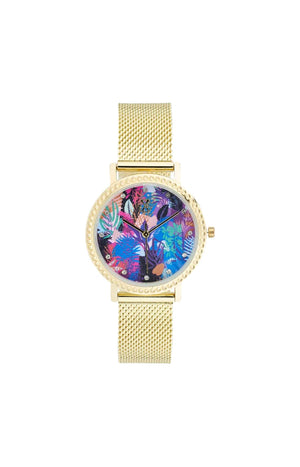 Montre à quartz en acier inoxydable - Doré & fleurs