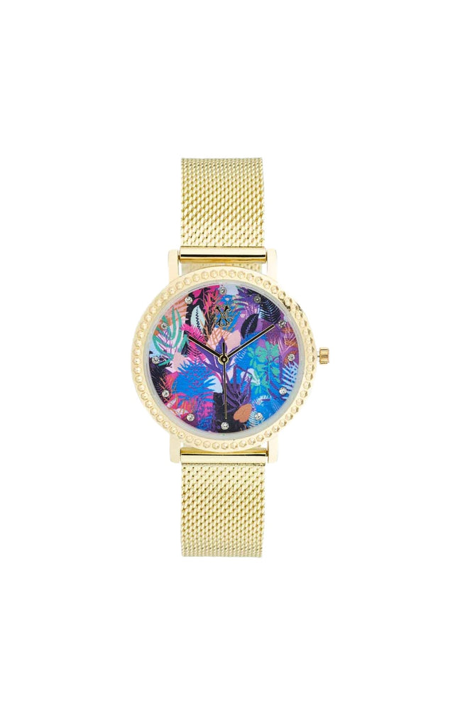 Montre à quartz en acier inoxydable - Doré & fleurs