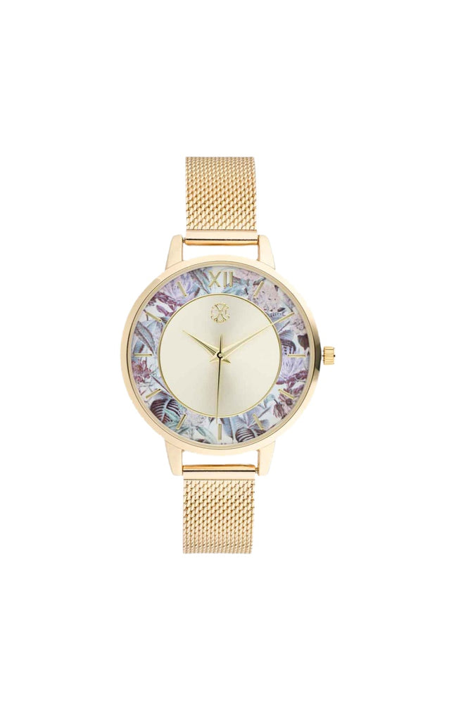 Montre à quartz en acier inoxydable - Doré & fleurs