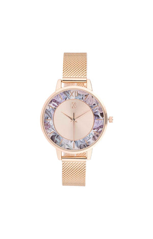 Montre à quartz en acier inoxydable - Doré rose & fleurs