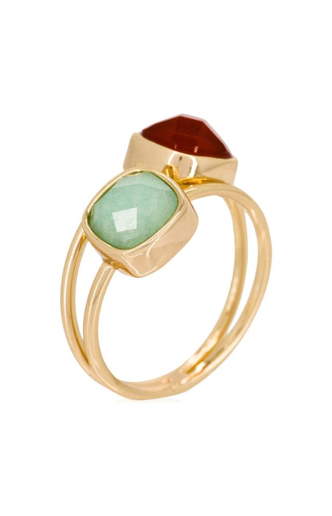 Bague Jovanni - Laiton doré, amazonite & cornaline