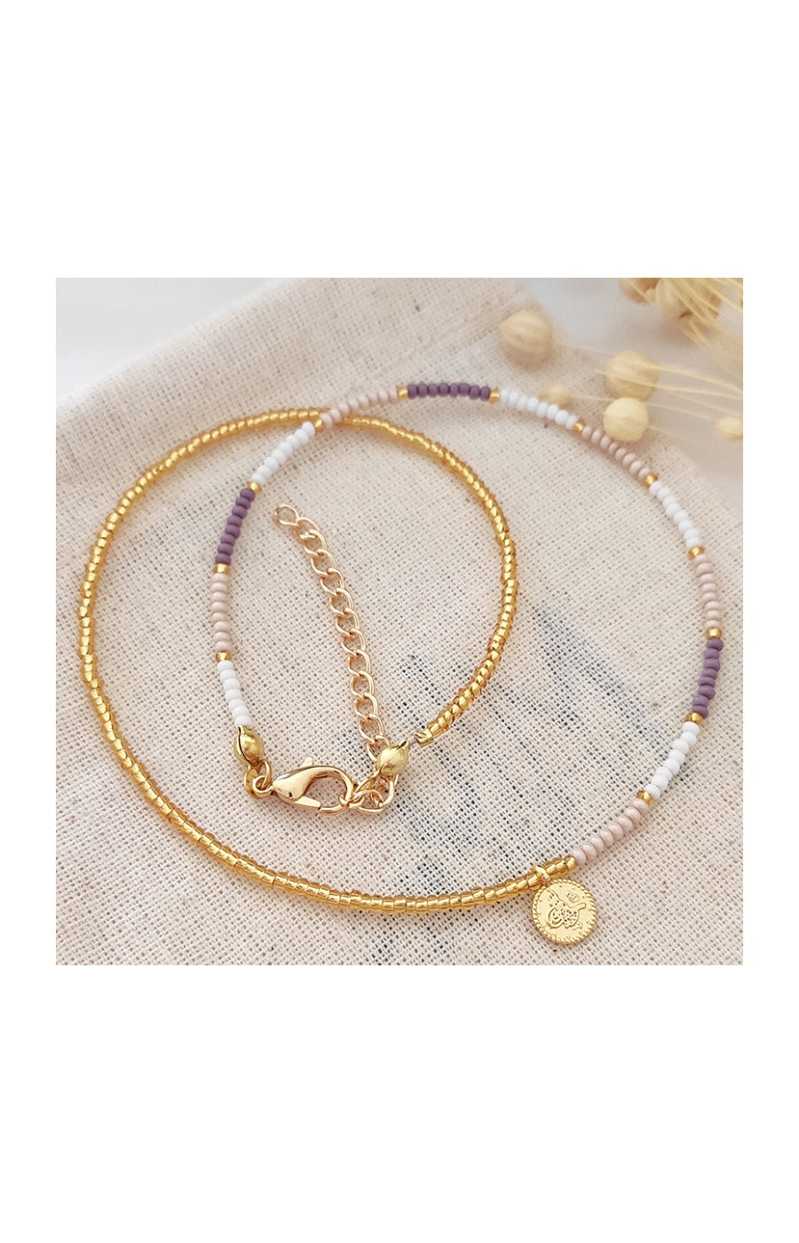 Collier pendentif pièce - Laiton plaqué or & perles