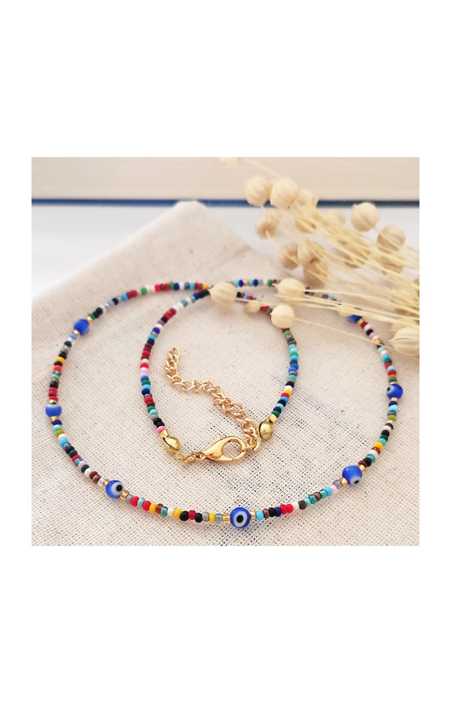 Collier perles & œil bleu - Laiton plaqué or