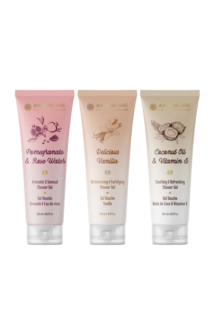 Gels douche hydratants - Eau de rose, noix de coco & vanille - 3 x 250 ml