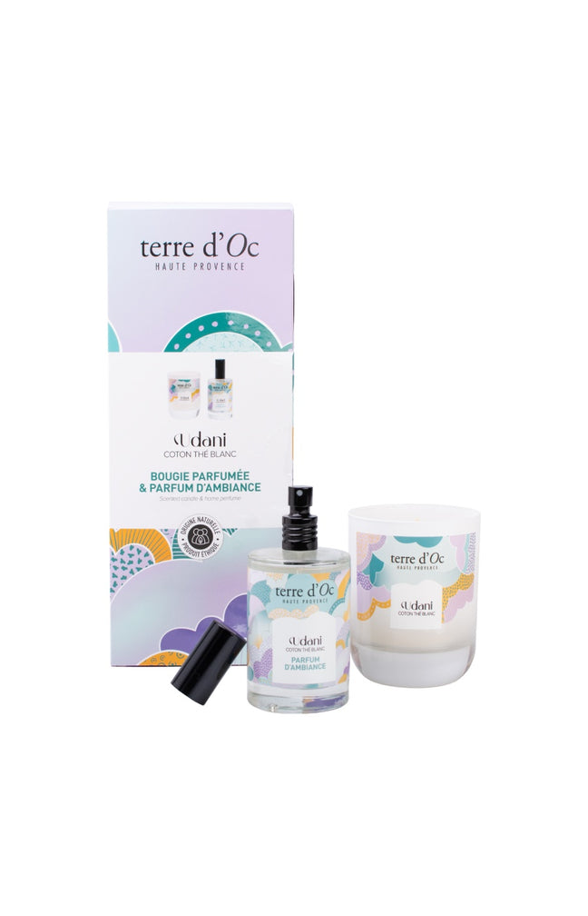 Coffret bougie parfumée & parfum d'ambiance - Coton & thé blanc - 2 produits