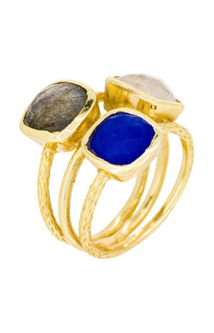 Bague Elsa - Laiton doré, jade, labradorite & pierre de lune