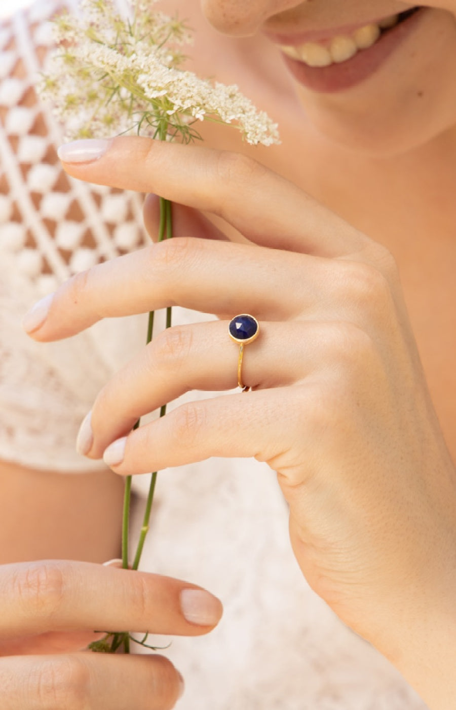 Bague ajustable - Laiton doré & cyanite bleue
