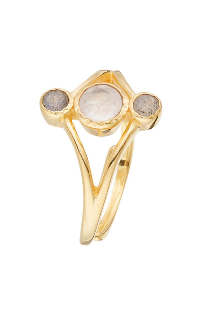 Bague ajustable - Laiton doré, quartz & labradorite