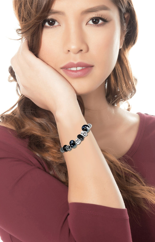 Bracelet - Acier inoxydable & cristaux - Argenté & noir