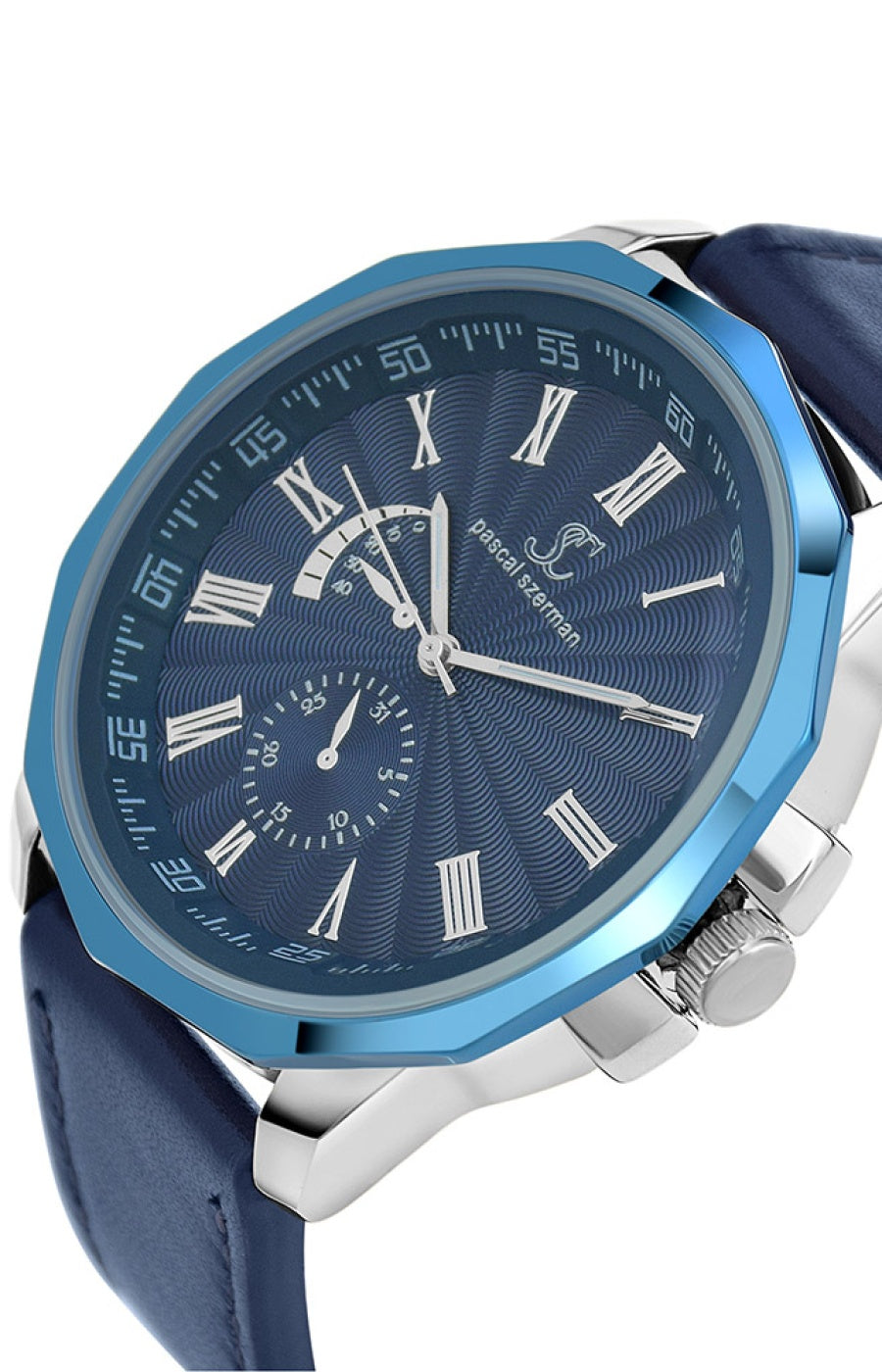 Montre - Laiton & similicuir bleu - Homme - 49 mm