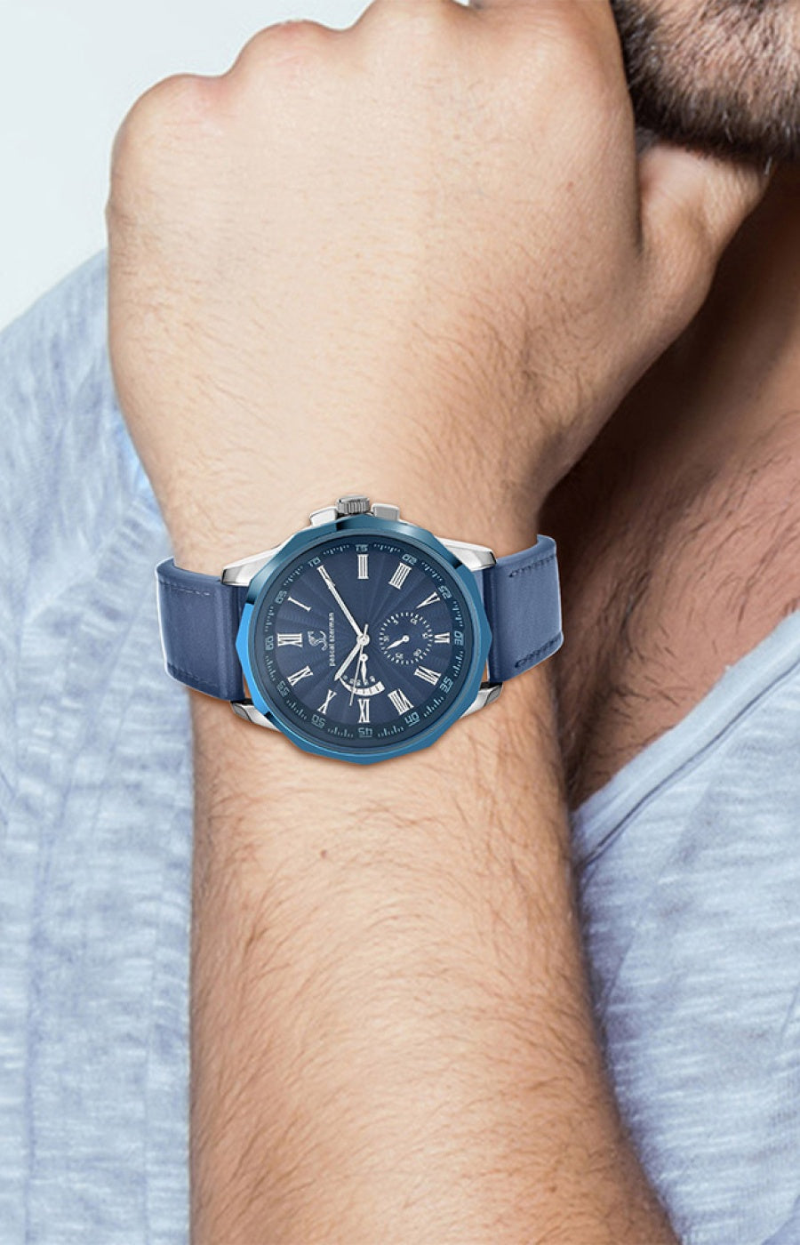 Montre - Laiton & similicuir bleu - Homme - 49 mm