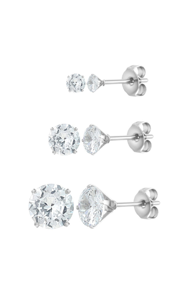 Lot de 3 paires de boucles d'oreilles - Acier inoxydable & zirconium - Argenté