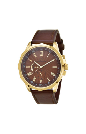 Montre - Laiton & similicuir - Homme - Doré & marron - 49 mm