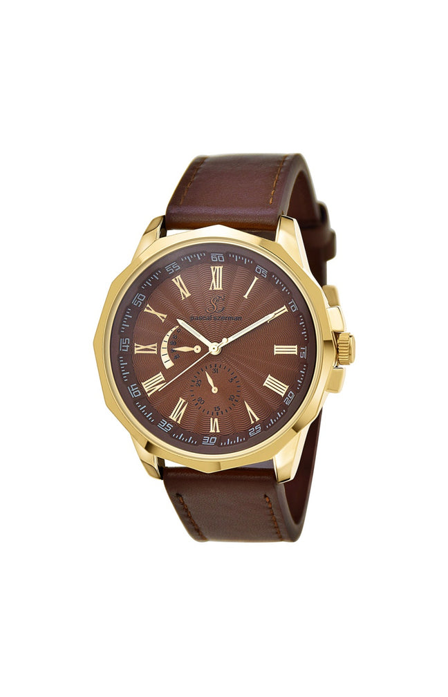 Montre - Laiton & similicuir - Homme - Doré & marron - 49 mm