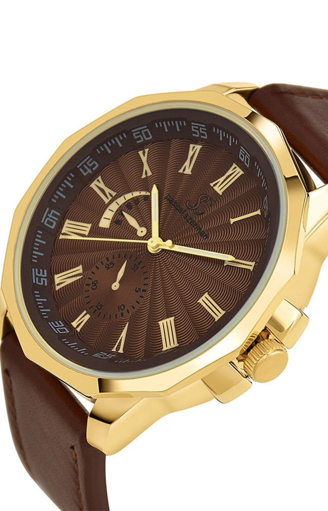 Montre - Laiton & similicuir - Homme - Doré & marron - 49 mm