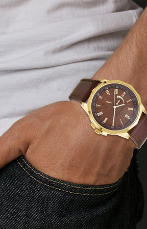 Montre - Laiton & similicuir - Homme - Doré & marron - 49 mm
