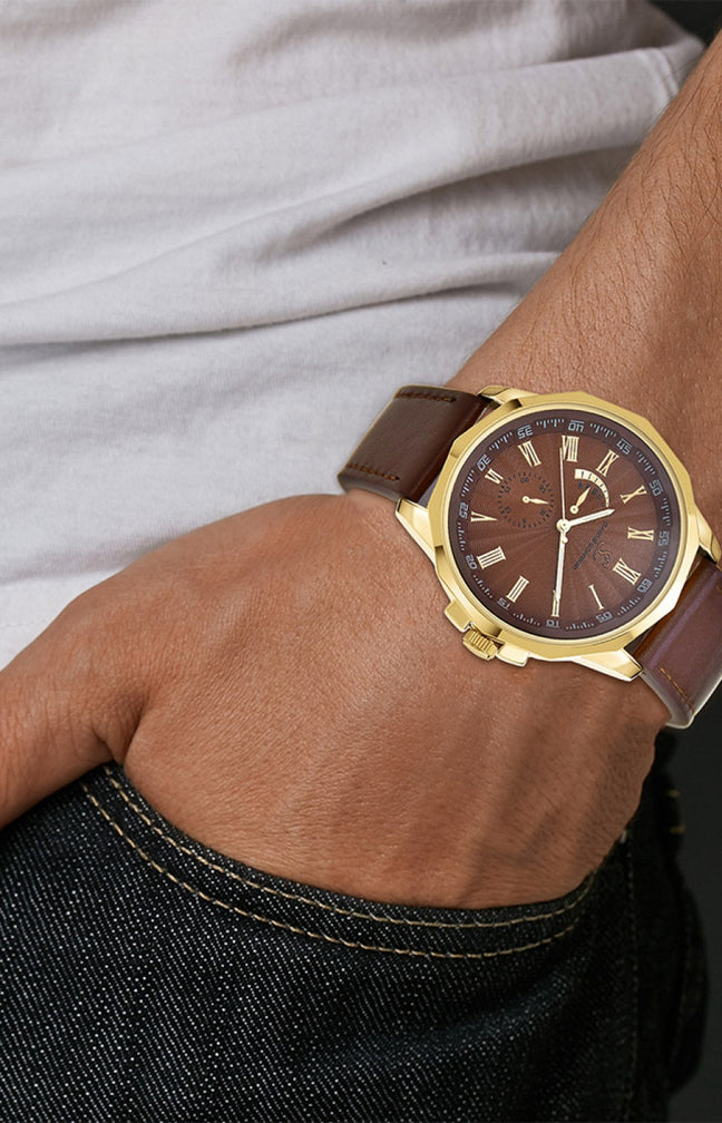 Montre - Laiton & similicuir - Homme - Doré & marron - 49 mm