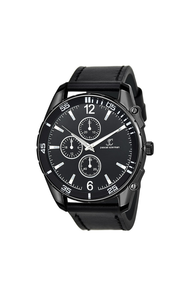 Montre - Laiton & similicuir noir - Homme - Noir - 47 mm