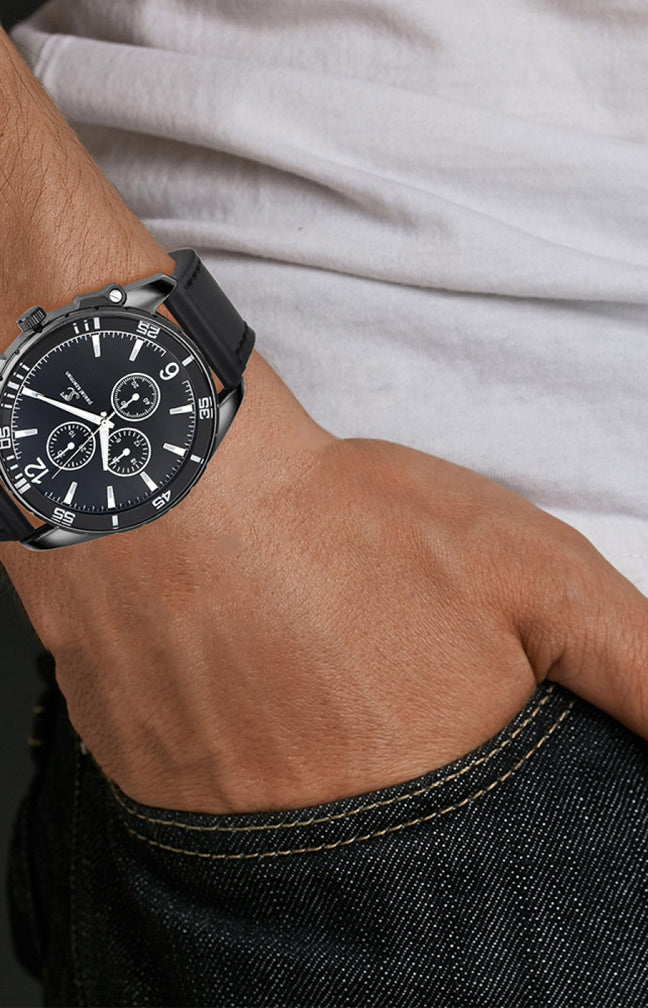 Montre - Laiton & similicuir noir - Homme - Noir - 47 mm