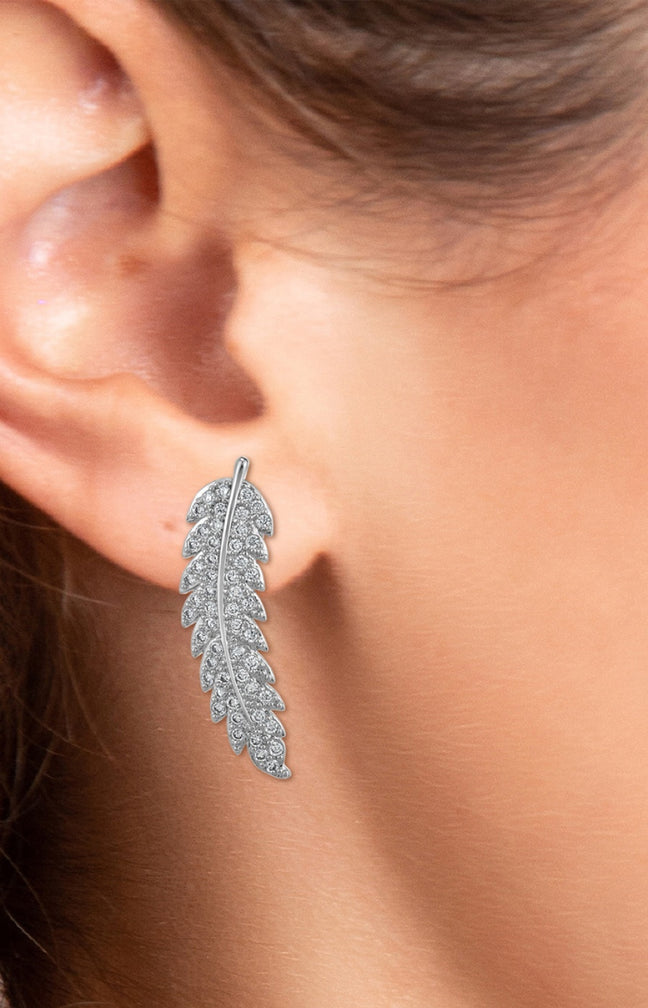 Boucles d'oreilles plumes - Laiton & cristaux - Argenté
