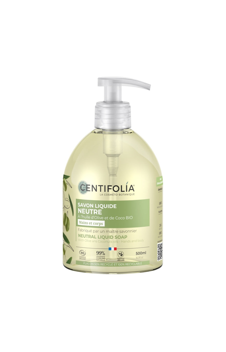 Savon liquide neutre bio - Huile d'olive & coco - Corps & mains - 500 ml