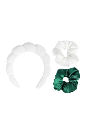 Kit accessoires cheveux - Serre tête & chouchous - Vert & blanc - 3 produits