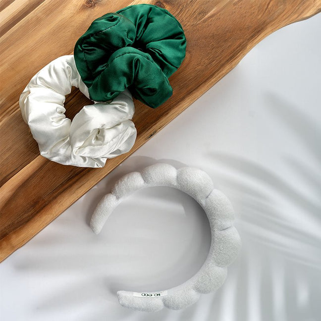 Kit accessoires cheveux - Serre tête & chouchous - Vert & blanc - 3 produits
