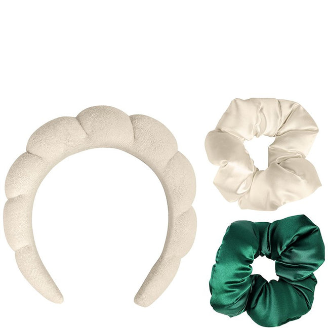 Kit accessoires cheveux - Serre tête & chouchous - Vert & beige - 3 produits