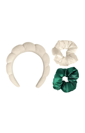 Kit accessoires cheveux - Serre tête & chouchous - Vert & beige - 3 produits