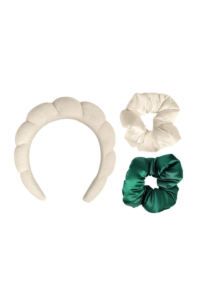 Kit accessoires cheveux - Serre tête & chouchous - Vert & beige - 3 produits