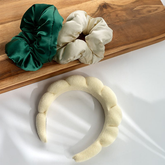 Kit accessoires cheveux - Serre tête & chouchous - Vert & beige - 3 produits