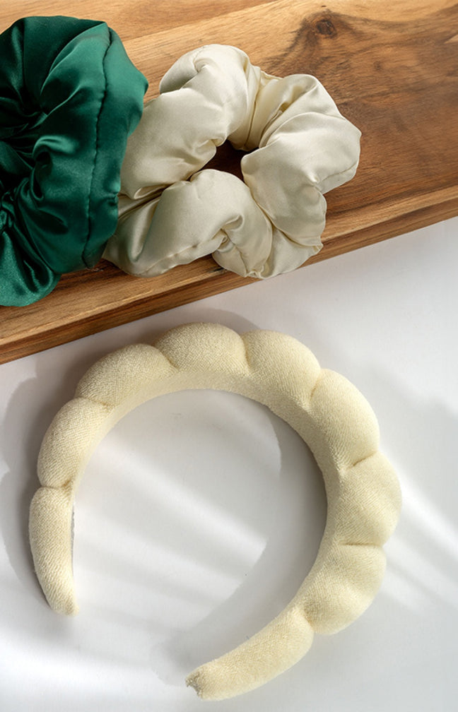 Kit accessoires cheveux - Serre tête & chouchous - Vert & beige - 3 produits