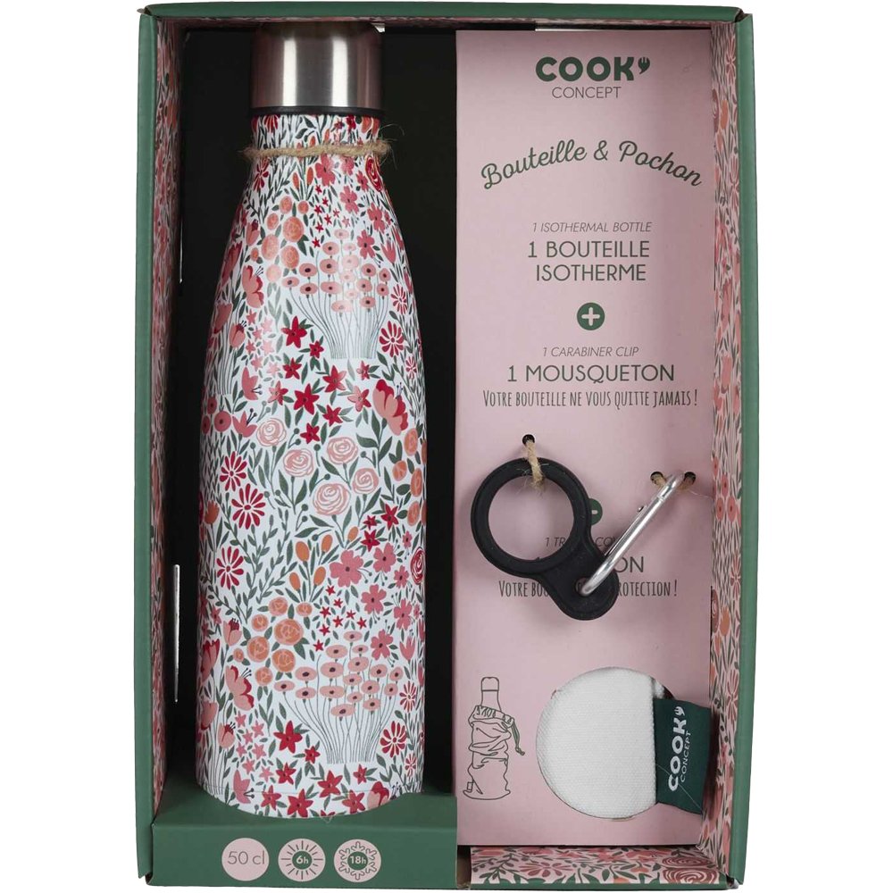 Coffret bouteille isotherme fleurie - Acier inoxydable - 50 cl