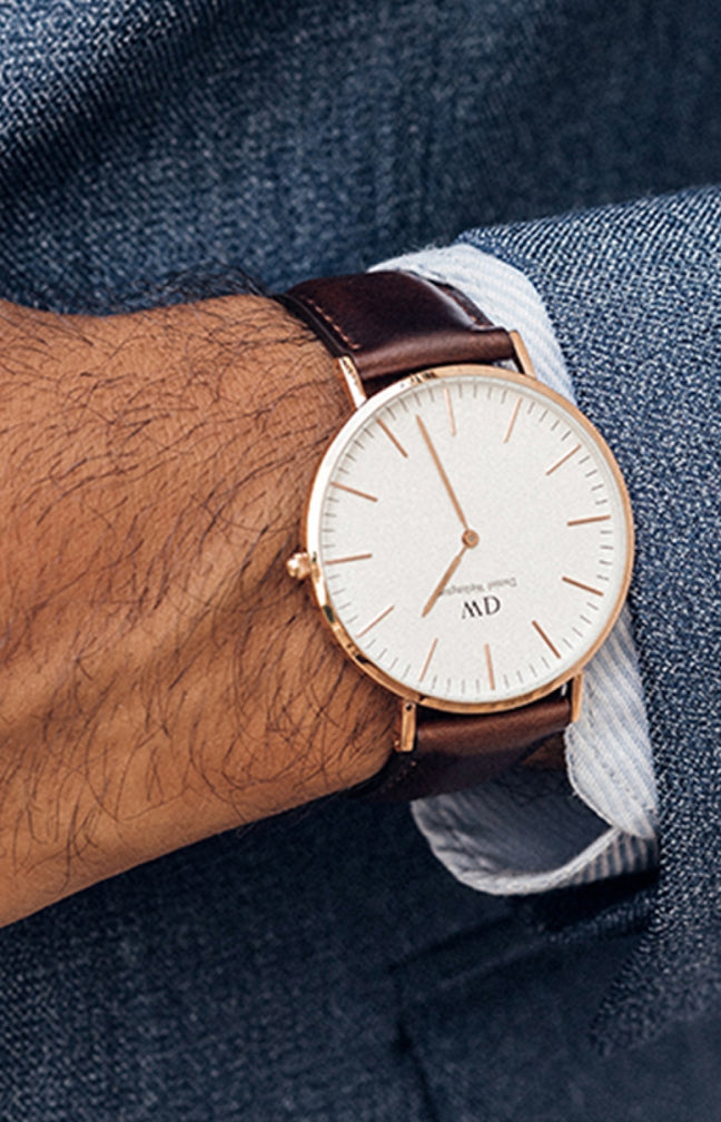 Montre à quartz - Acier inoxydable doré rose & cuir - Homme