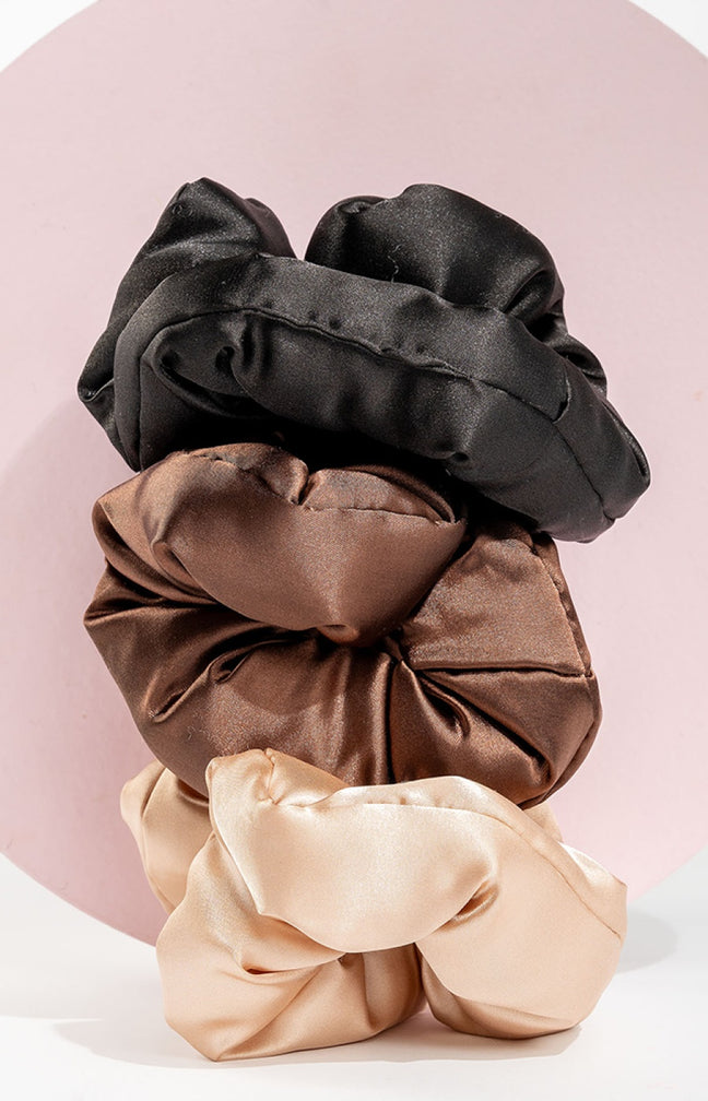 Trio de chouchous en satin - Marron & beige - Cheveux