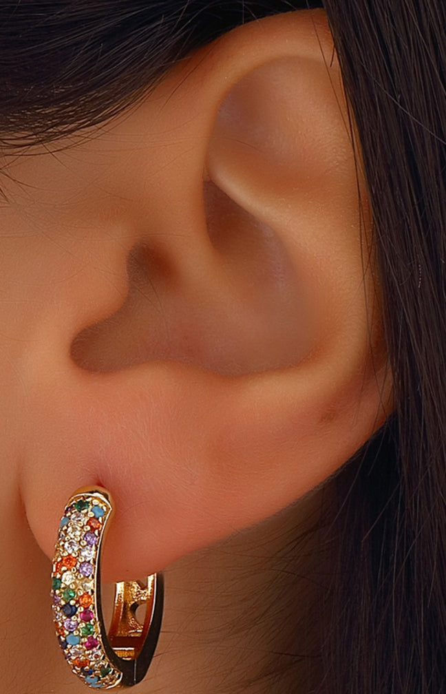 Boucles d'oreilles - Mini créoles - Multicolore - Laiton plaqué or & zircon