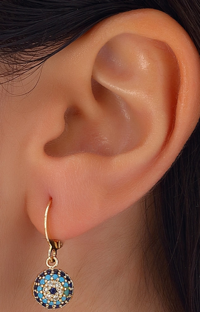 Boucles d'oreilles - Laiton plaqué or, zircon & émail - Motif oeil