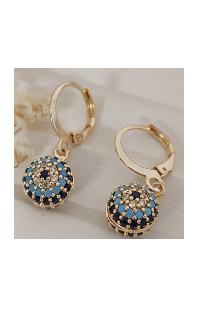 Boucles d'oreilles - Laiton plaqué or, zircon & émail - Motif oeil