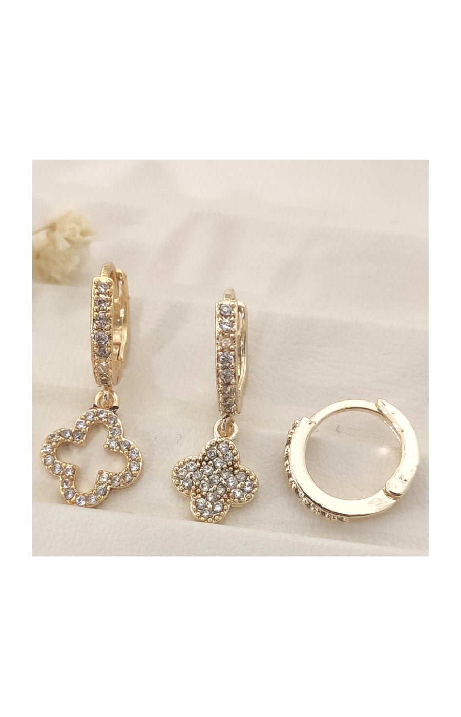 Trio boucles d'oreilles pendantes - Laiton plaqué or & zircon - Motif trèfles