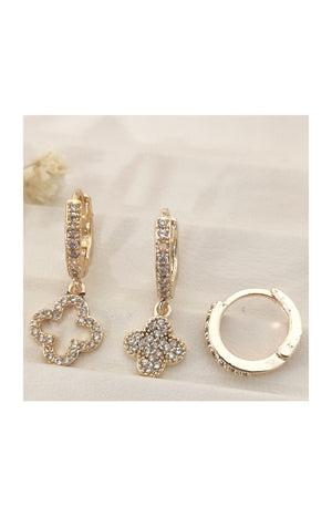 Trio boucles d'oreilles pendantes - Laiton plaqué or & zircon - Motif trèfles