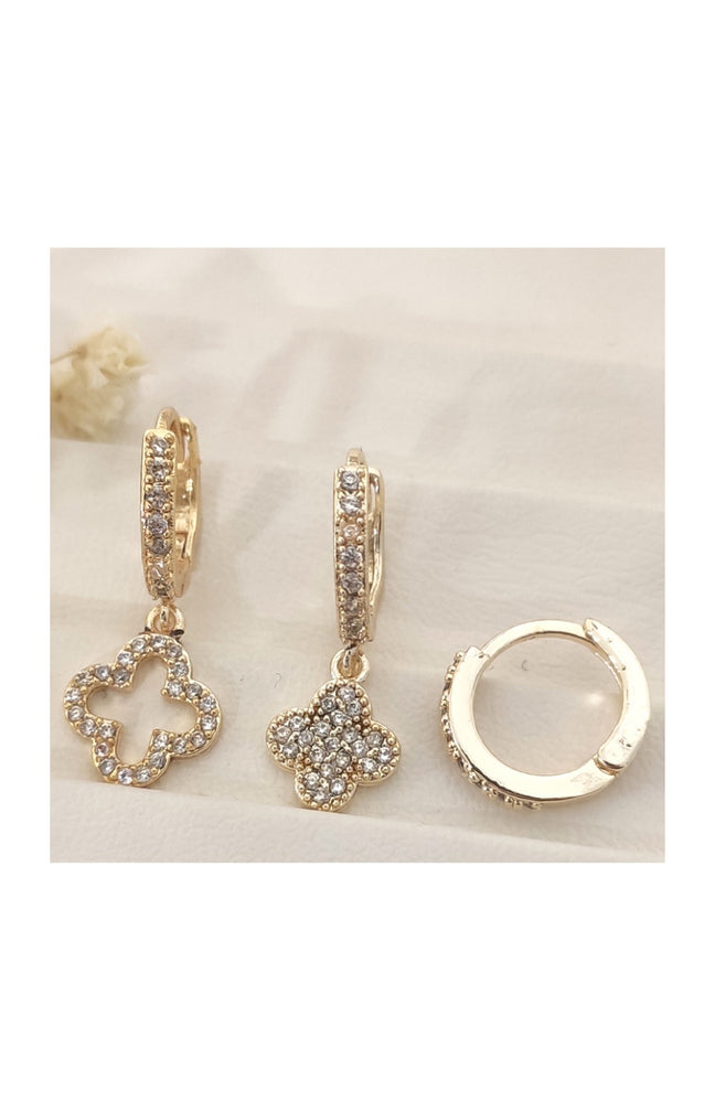 Trio boucles d'oreilles pendantes - Laiton plaqué or & zircon - Motif trèfles
