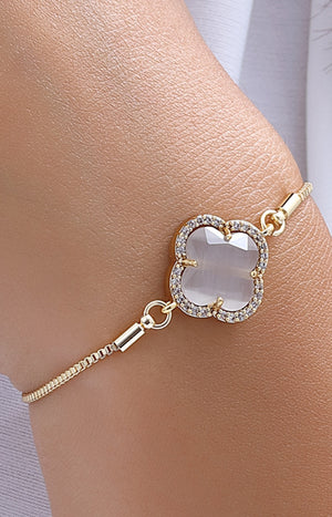 Bracelet trèfle - Laiton plaqué or, pierres d'oeil de chat zircon - Blanc