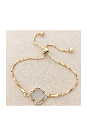 Bracelet trèfle - Laiton plaqué or, pierres d'oeil de chat zircon - Blanc