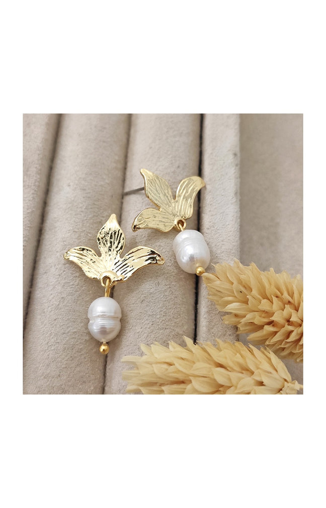 Boucles d'oreilles pétales - Laiton plaqué or & perle